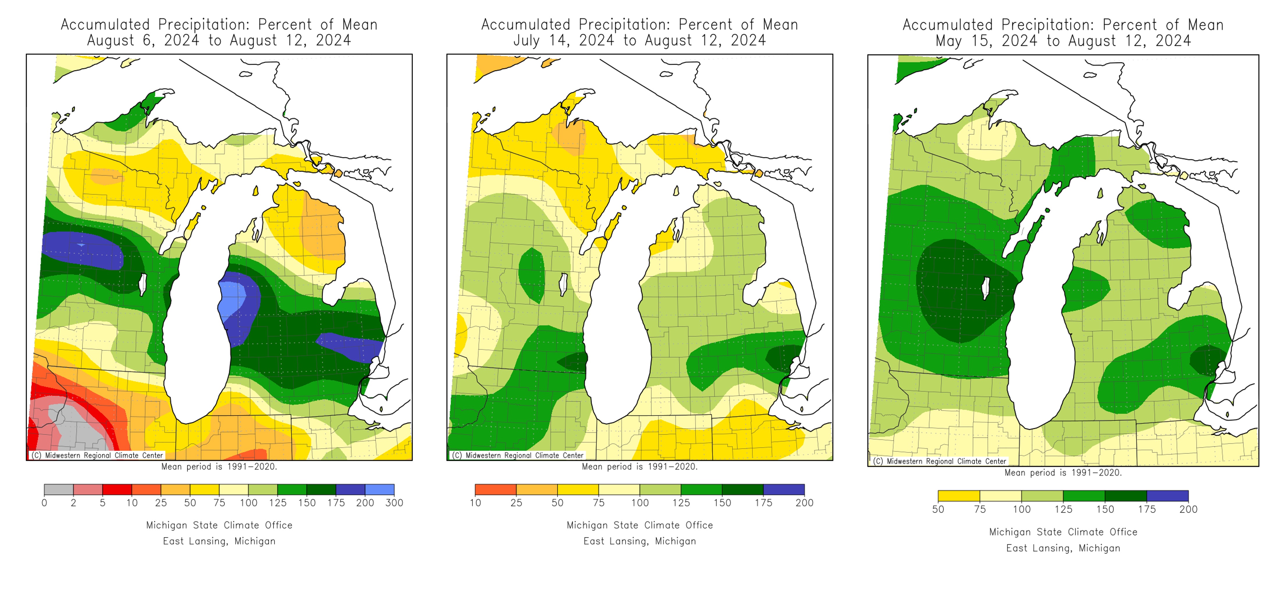 Maps of Michigan showing precipitation totals.